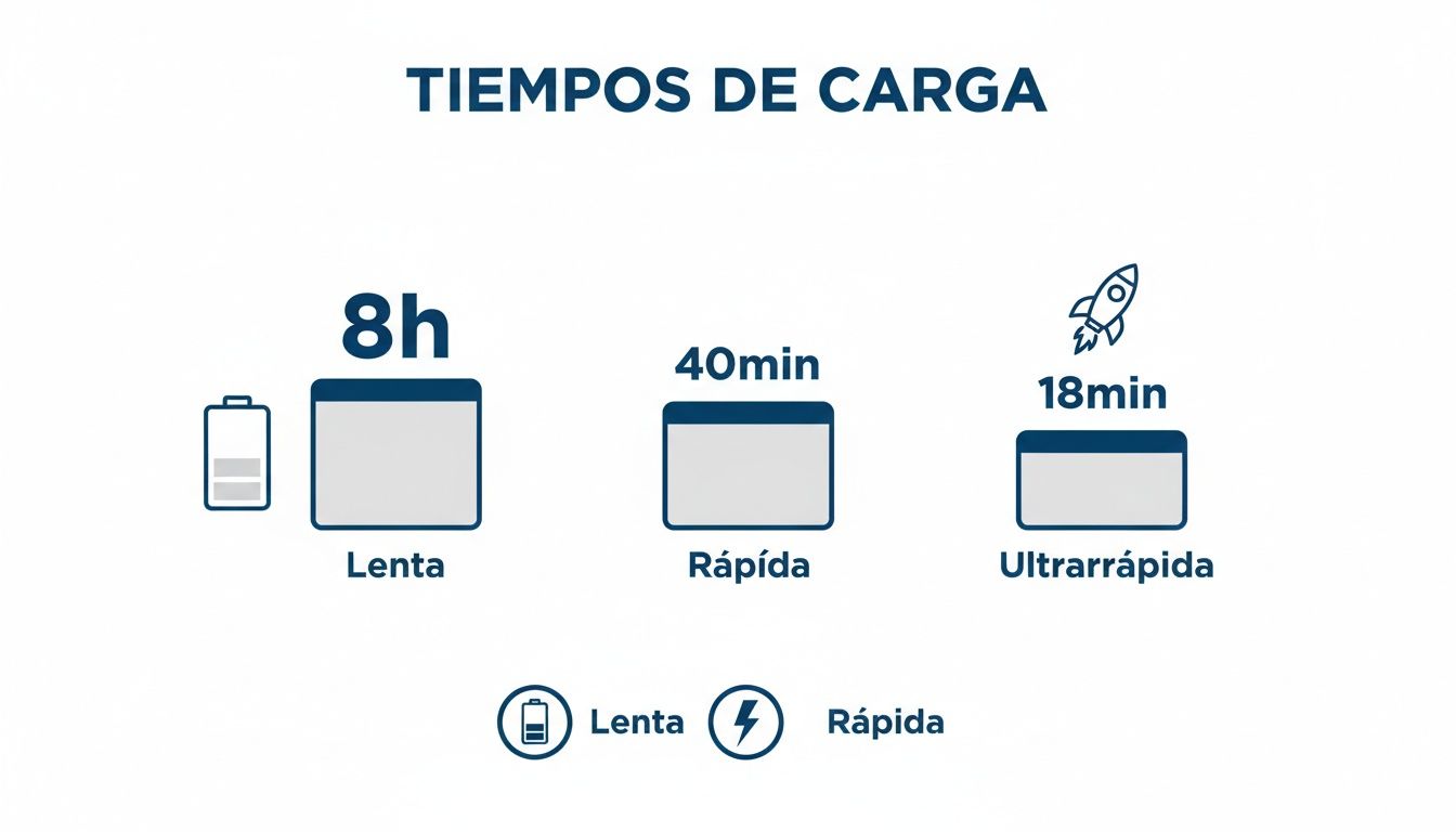 Infografía que muestra los tiempos de carga de un coche eléctrico: lenta (8h), rápida (40min) y ultrarrápida (18min).