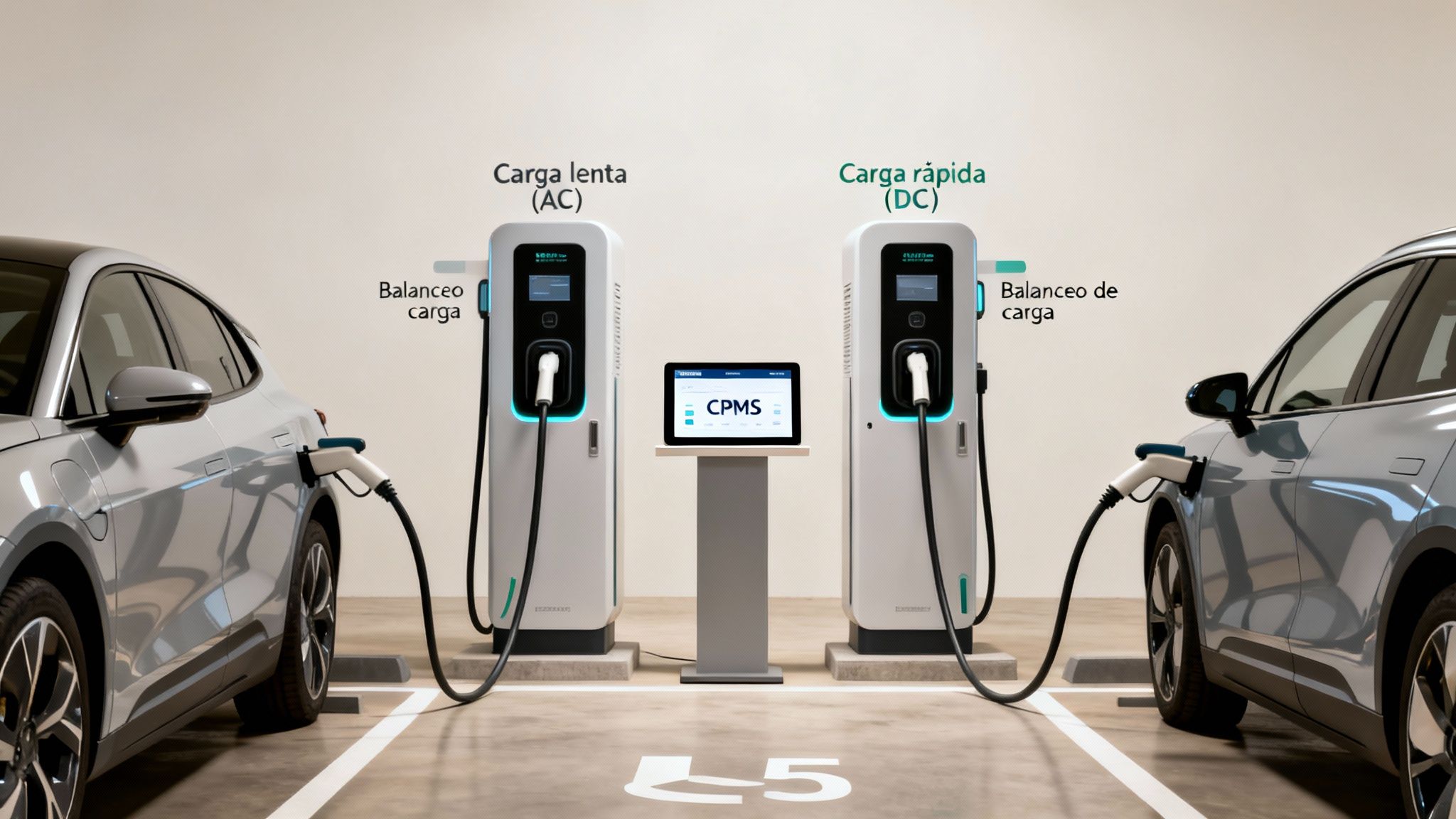 Instalación de puntos de recarga para coches eléctricos: carga lenta (AC) y rápida (DC), gestionado por CPMS.