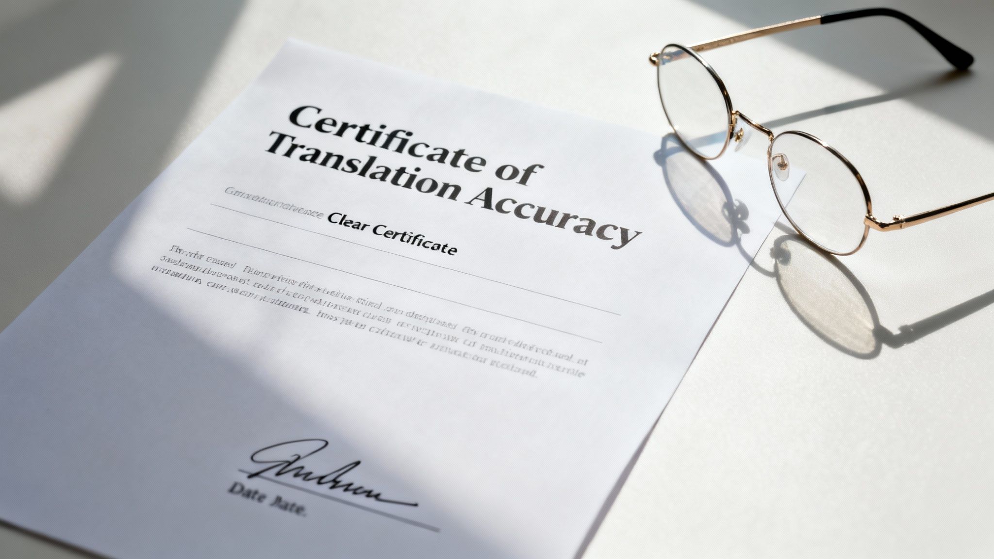 A certificate of translation accuracy next to a pair of eyeglasses on a white table.
