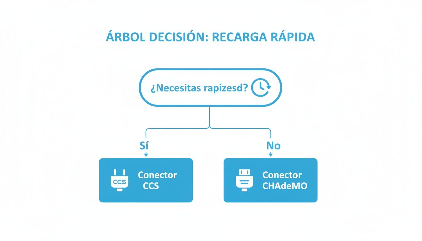 Diagrama de flujo para elegir conector de carga rápida (CCS o CHAdeMO) según necesidad de velocidad.