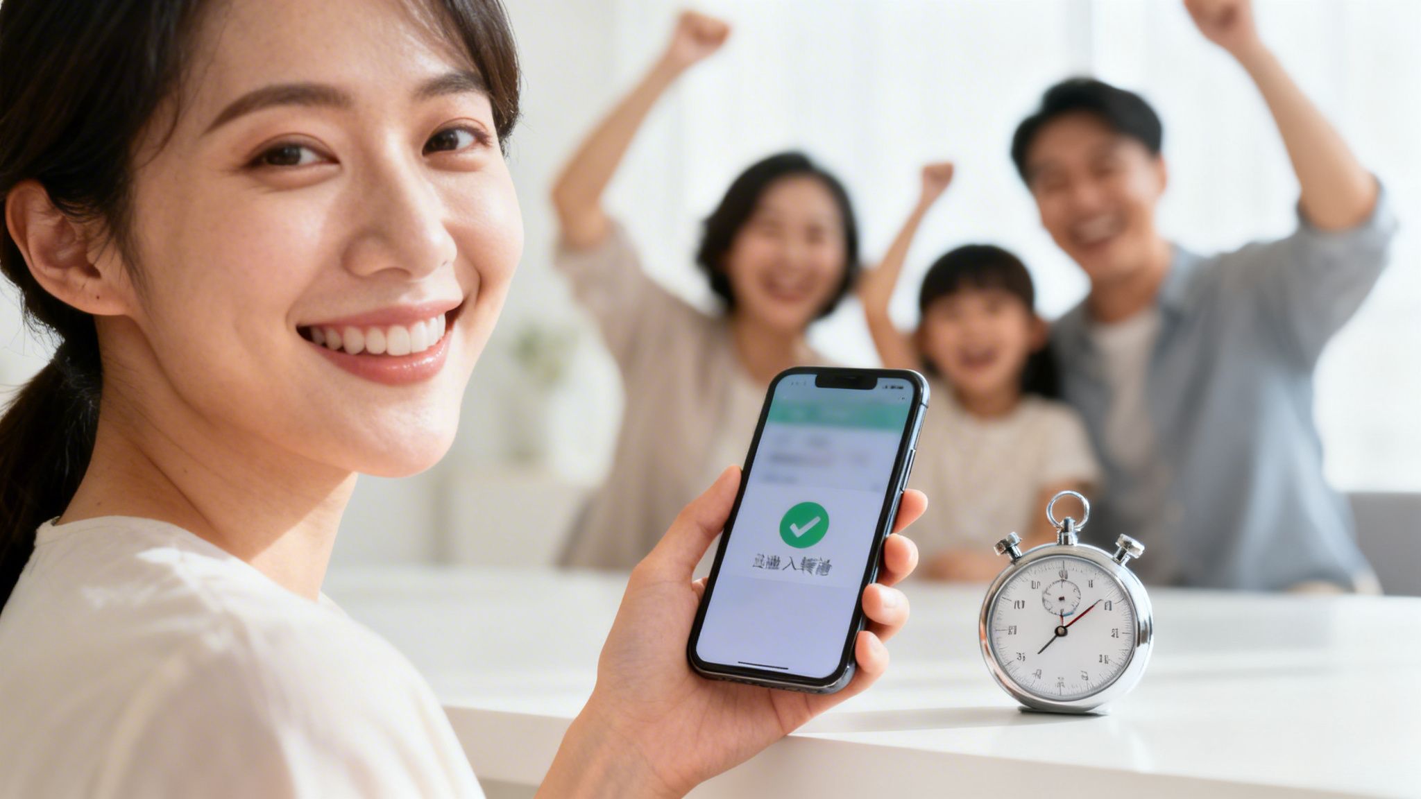 Mujer sonriente muestra éxito en móvil, con familia feliz celebrando y cronómetro.