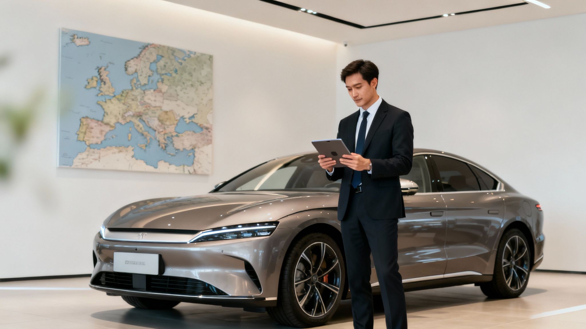 Hombre en traje con tablet frente a un coche eléctrico en una sala de exposición.