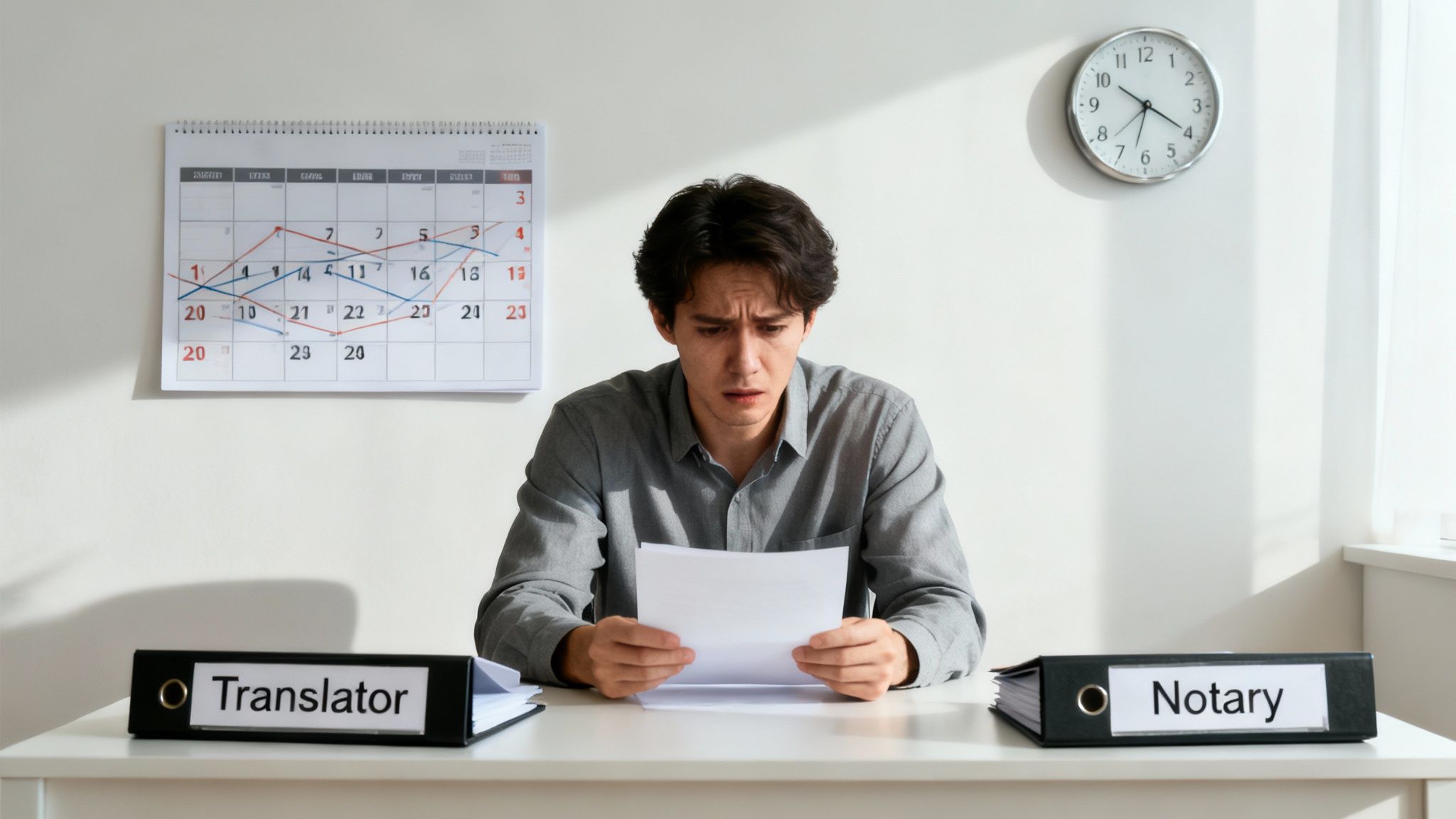 A stressed man reads a document at a desk with 'Translator' and 'Notary' binders, a calendar, and a clock.