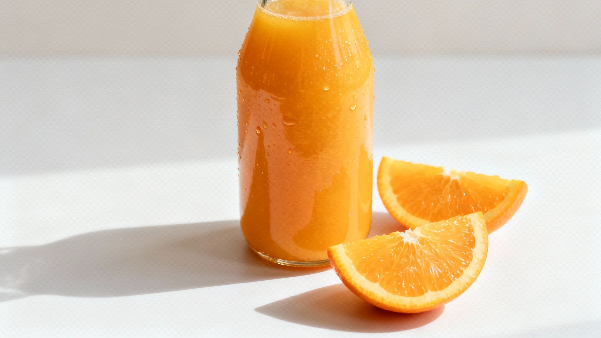 Botella de jugo de naranja fría con rodajas de naranja fresca en una superficie blanca con sombras de luz solar.