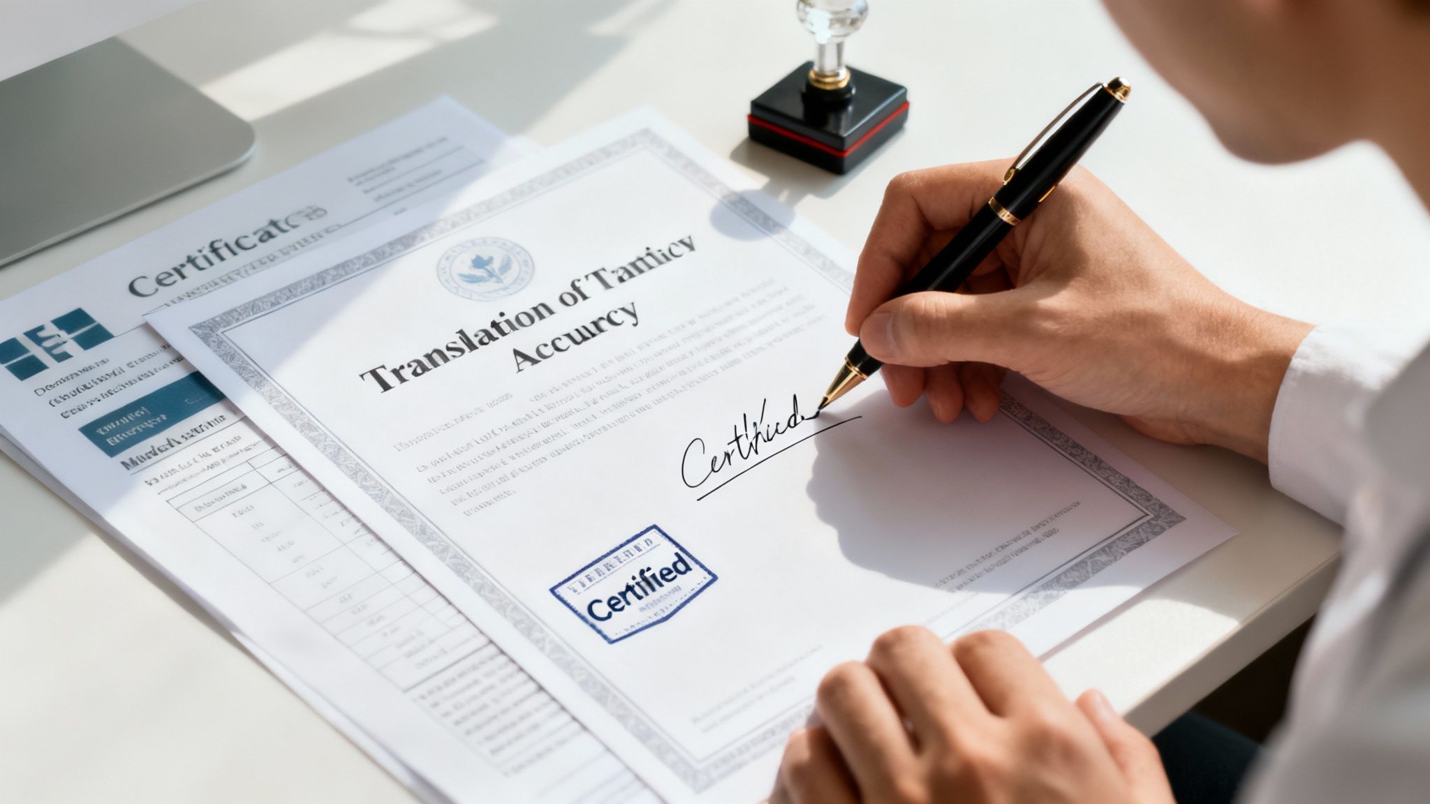 Close-up of a person's hands signing a certified translation document on a desk.