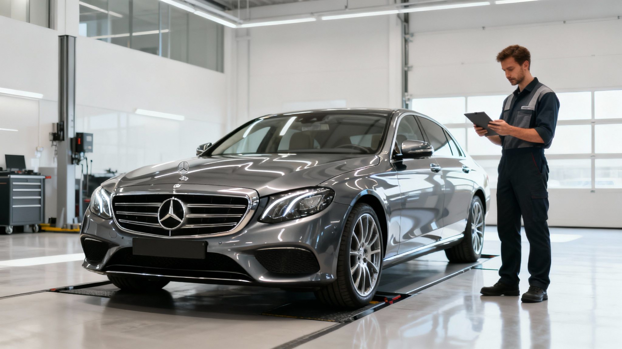 Un técnico de Mercedes-Benz revisa un coche gris en un taller de servicio con una tableta.