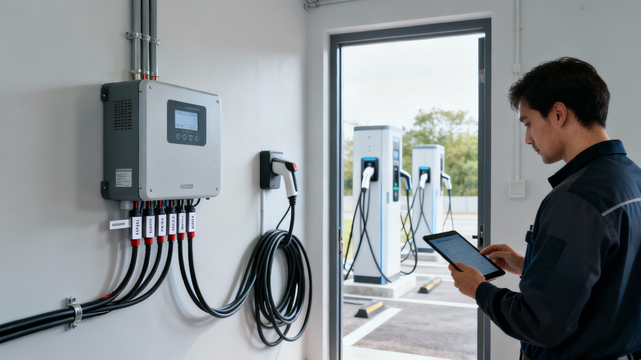 Un técnico revisa una tablet junto a un panel de control en una estación de carga de vehículos eléctricos.