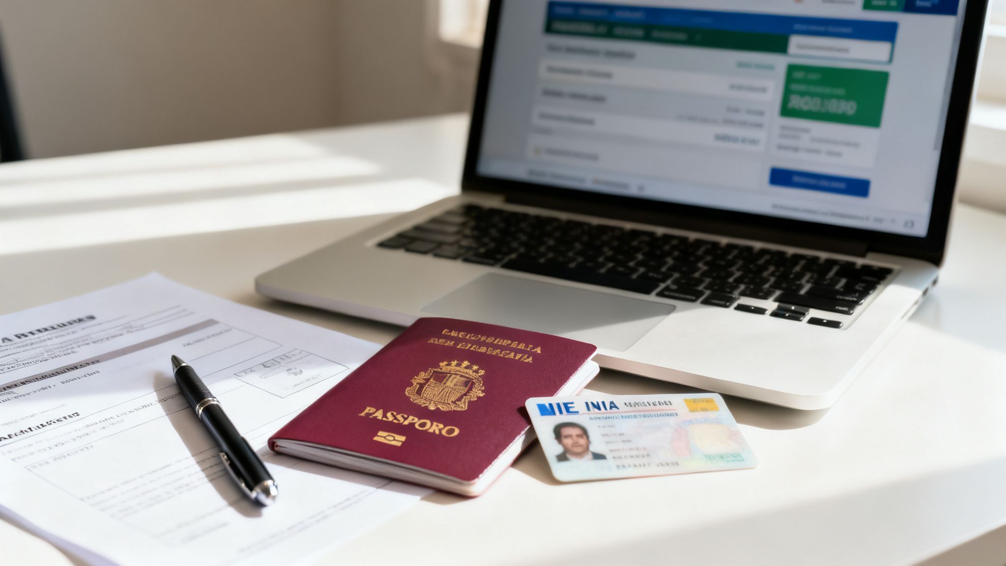 Documentos de viaje y un portátil en un escritorio, con pasaporte, DNI, formularios y un bolígrafo.