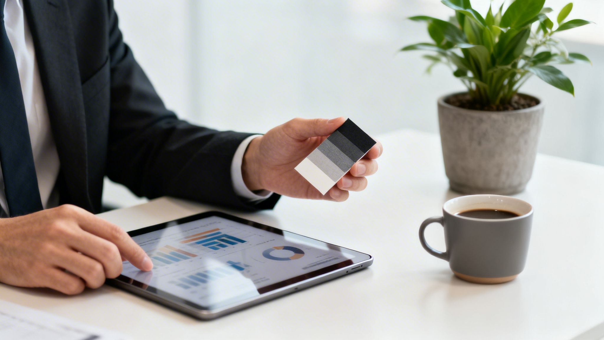 Un empresario consultando gráficos en una tablet y sosteniendo una paleta de colores en una oficina moderna.