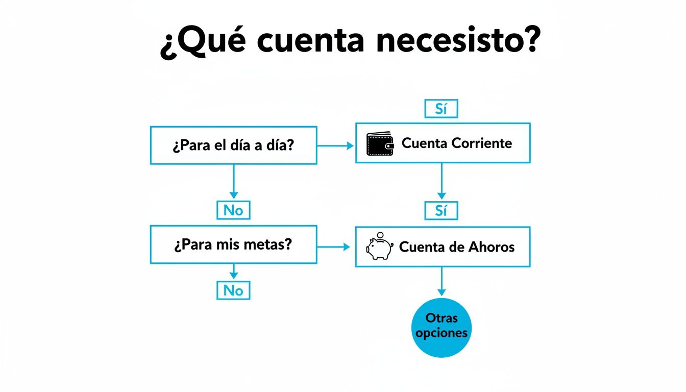 Diagrama de flujo que ayuda a elegir entre cuenta corriente y cuenta de ahorros según tus necesidades financieras.