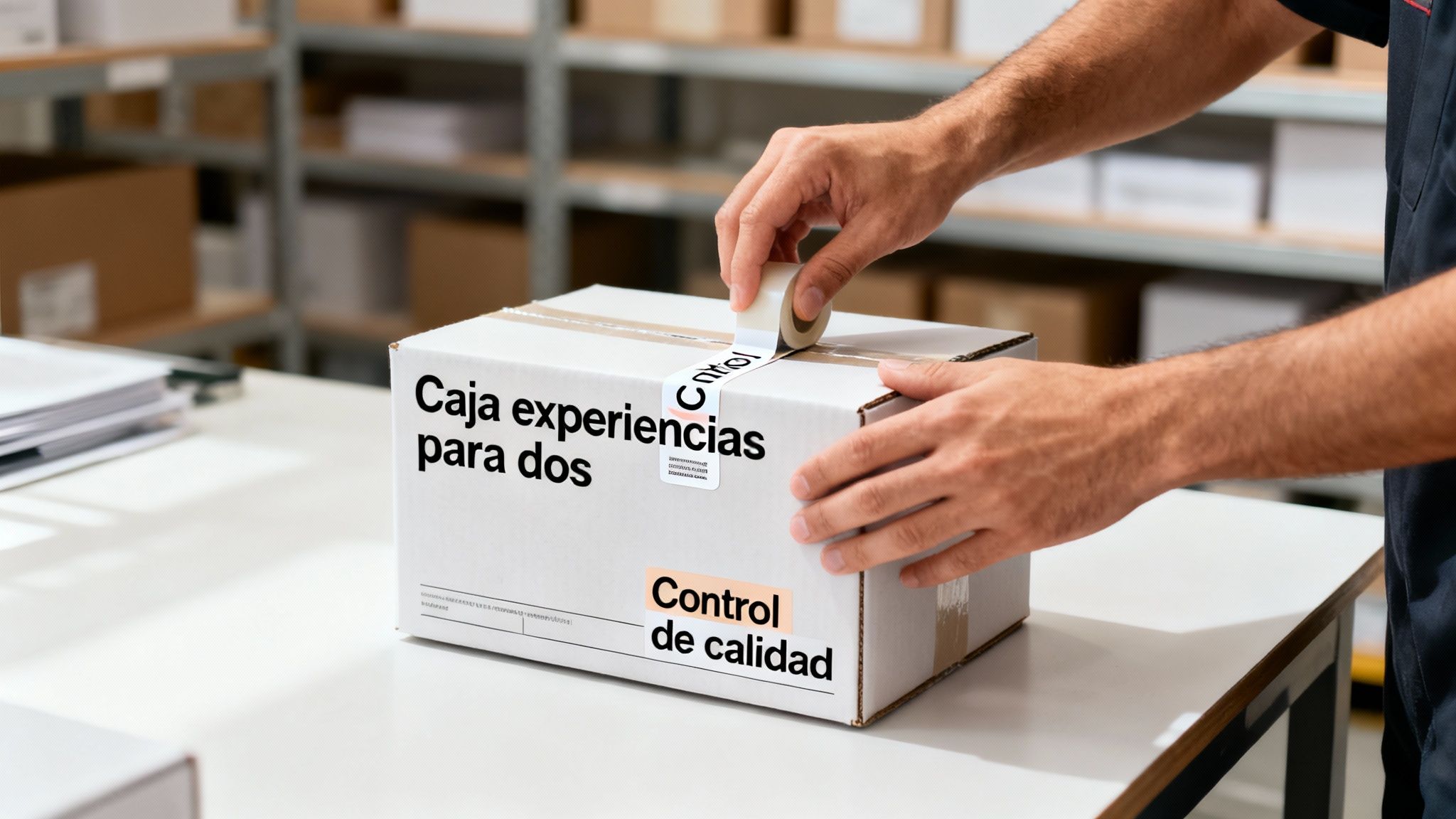 Manos de trabajador empaquetando una caja blanca de 'Caja experiencias para dos' en un almacén.