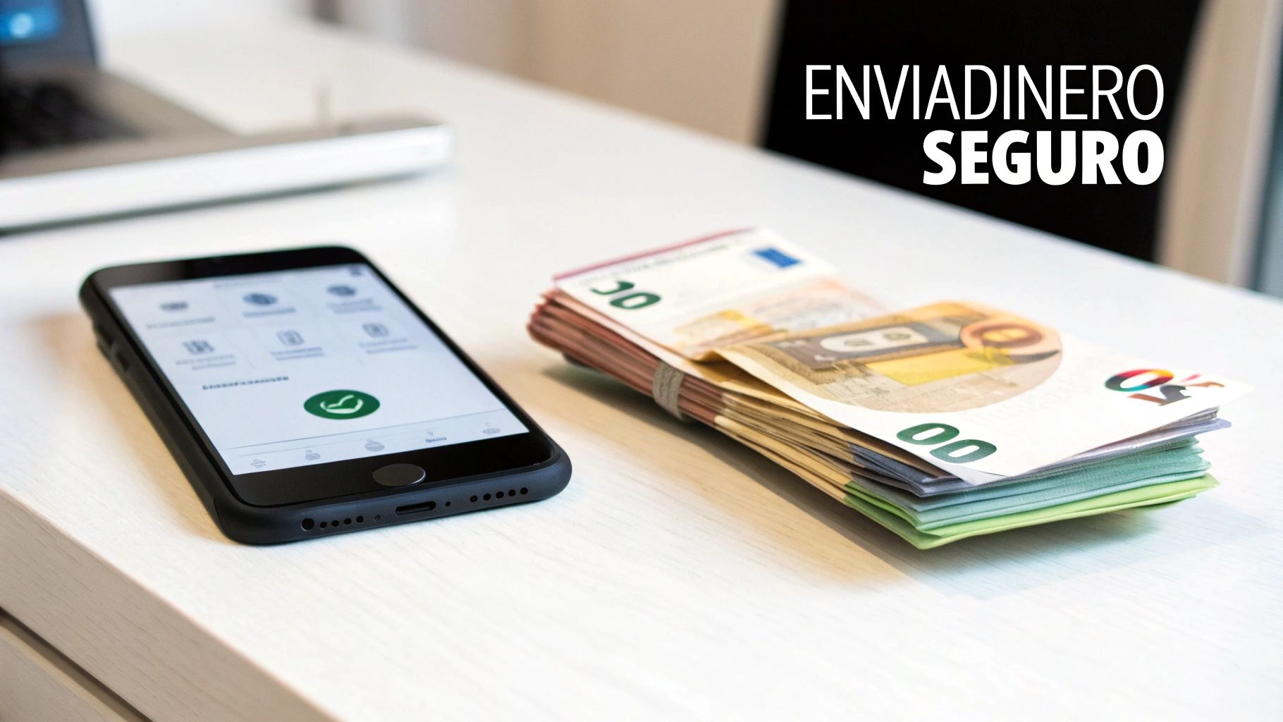 Smartphone con billetes de euro atados en una mesa, con el texto 'ENVIADINERO SEGURO' en la imagen.