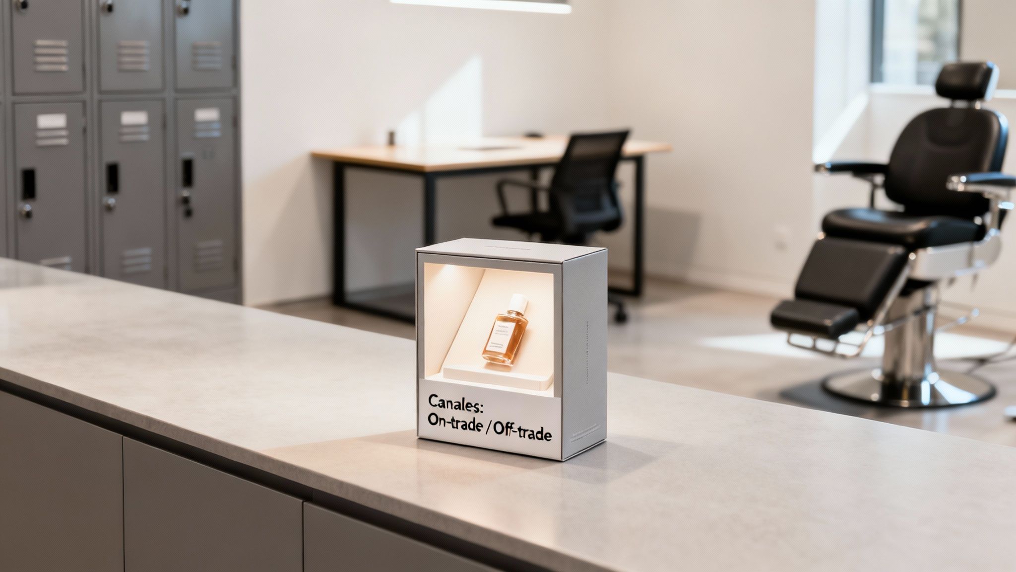 Vitrina de producto con botella en mostrador, en un espacio moderno con lockers y estación de barbería.