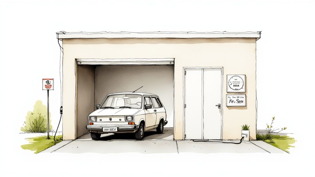 Coche eléctrico blanco cargándose en un garaje, con cables de carga externos y señal.