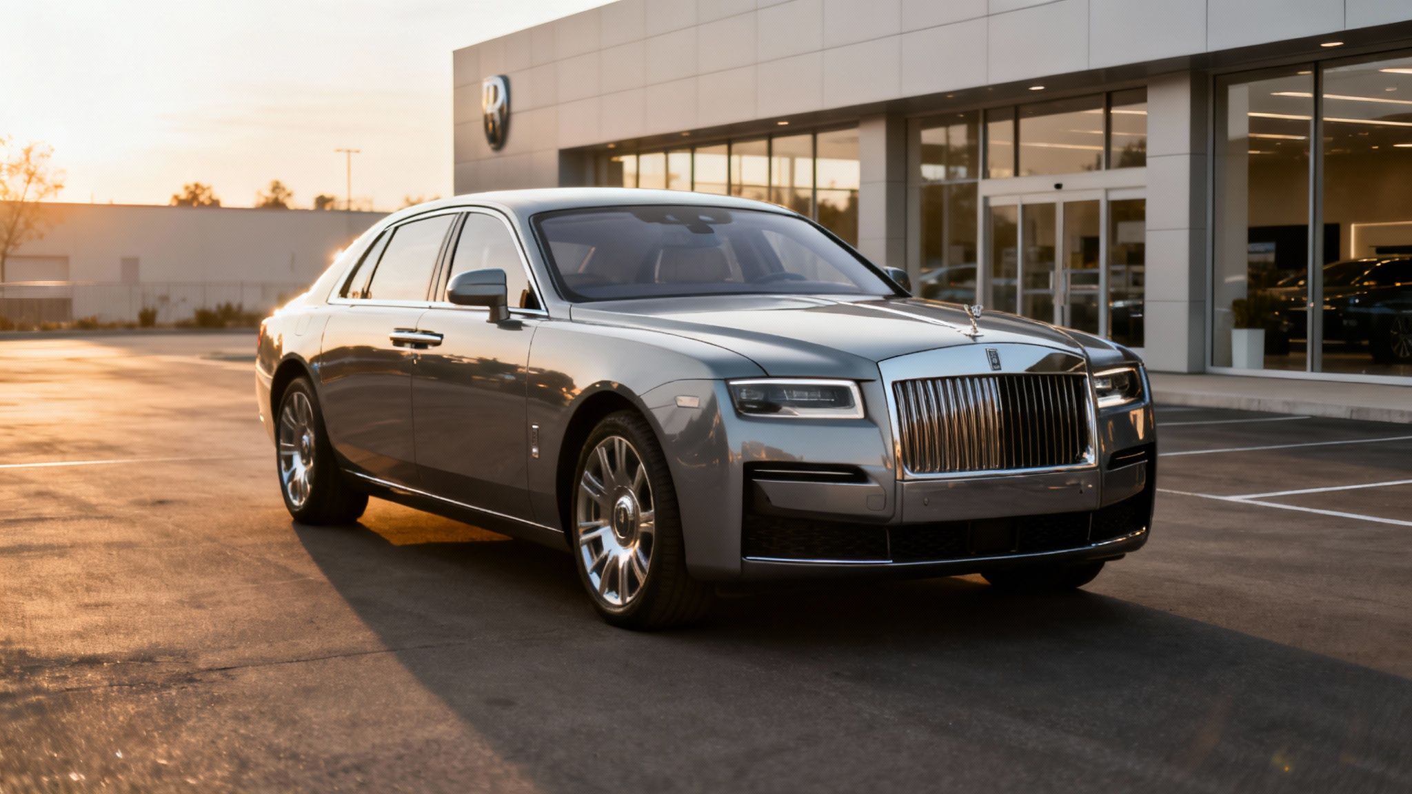 Coche Rolls-Royce Ghost gris estacionado frente a un concesionario de lujo al atardecer.