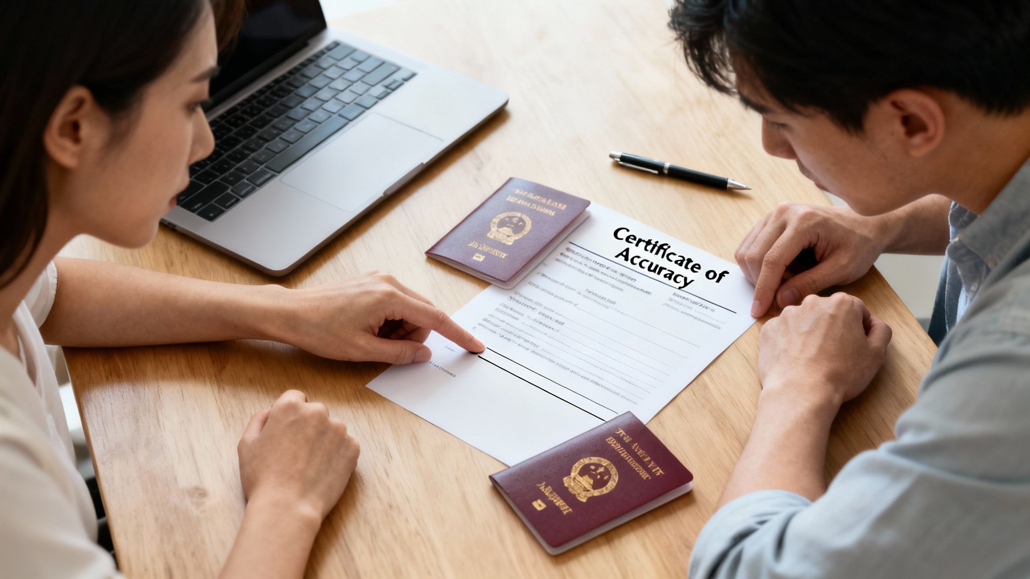 Two people review a "Certificate of Accuracy" document with passports and a laptop.