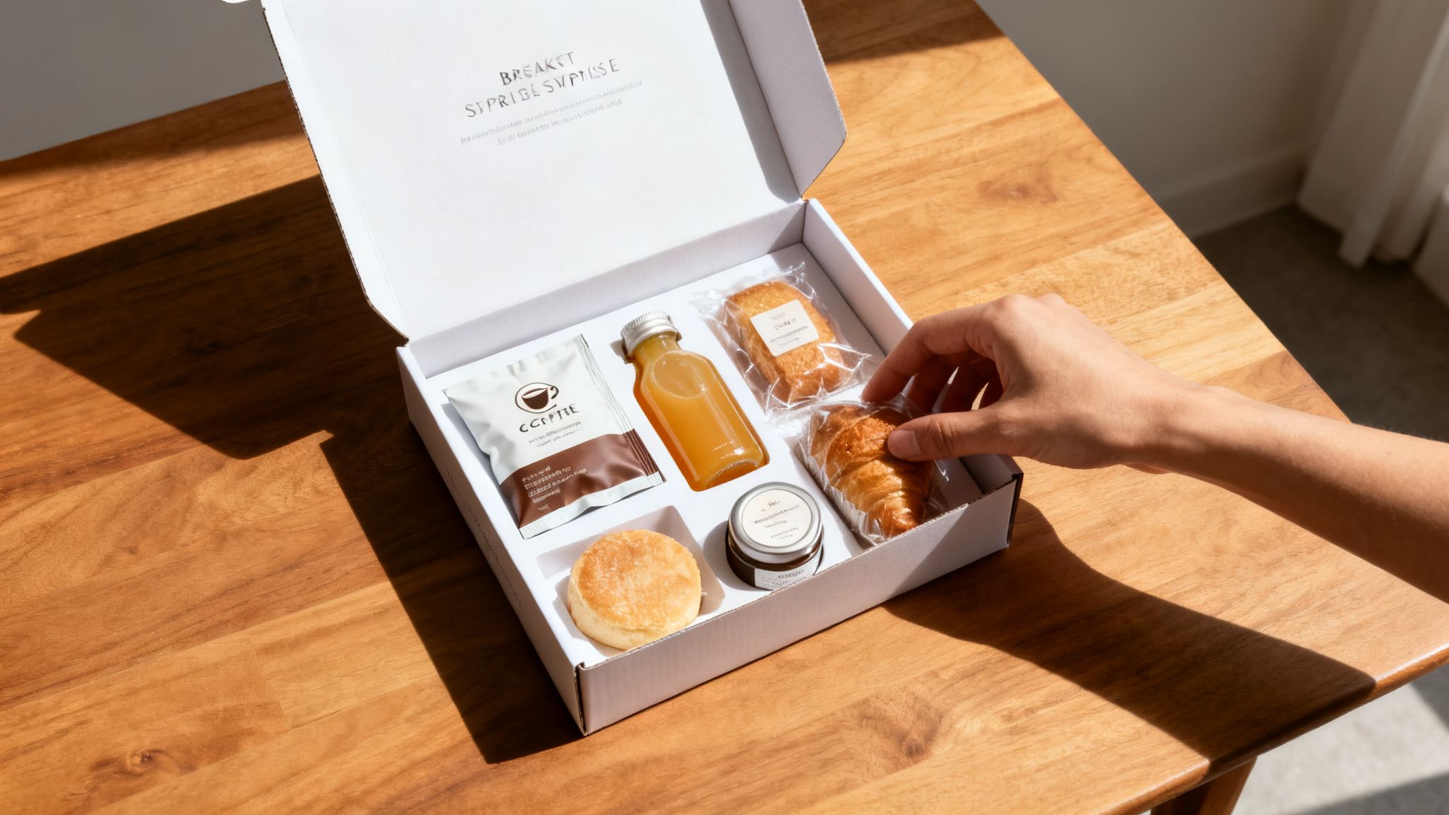 Mano alcanzando un cruasán de una caja blanca llena de deliciosos artículos de desayuno, incluyendo café y zumo.