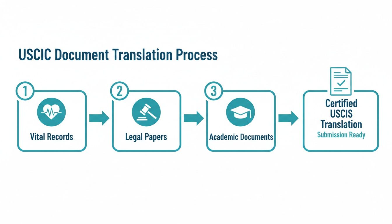 Diagram showing the USCIS document translation process for vital records, legal papers, and academic documents.