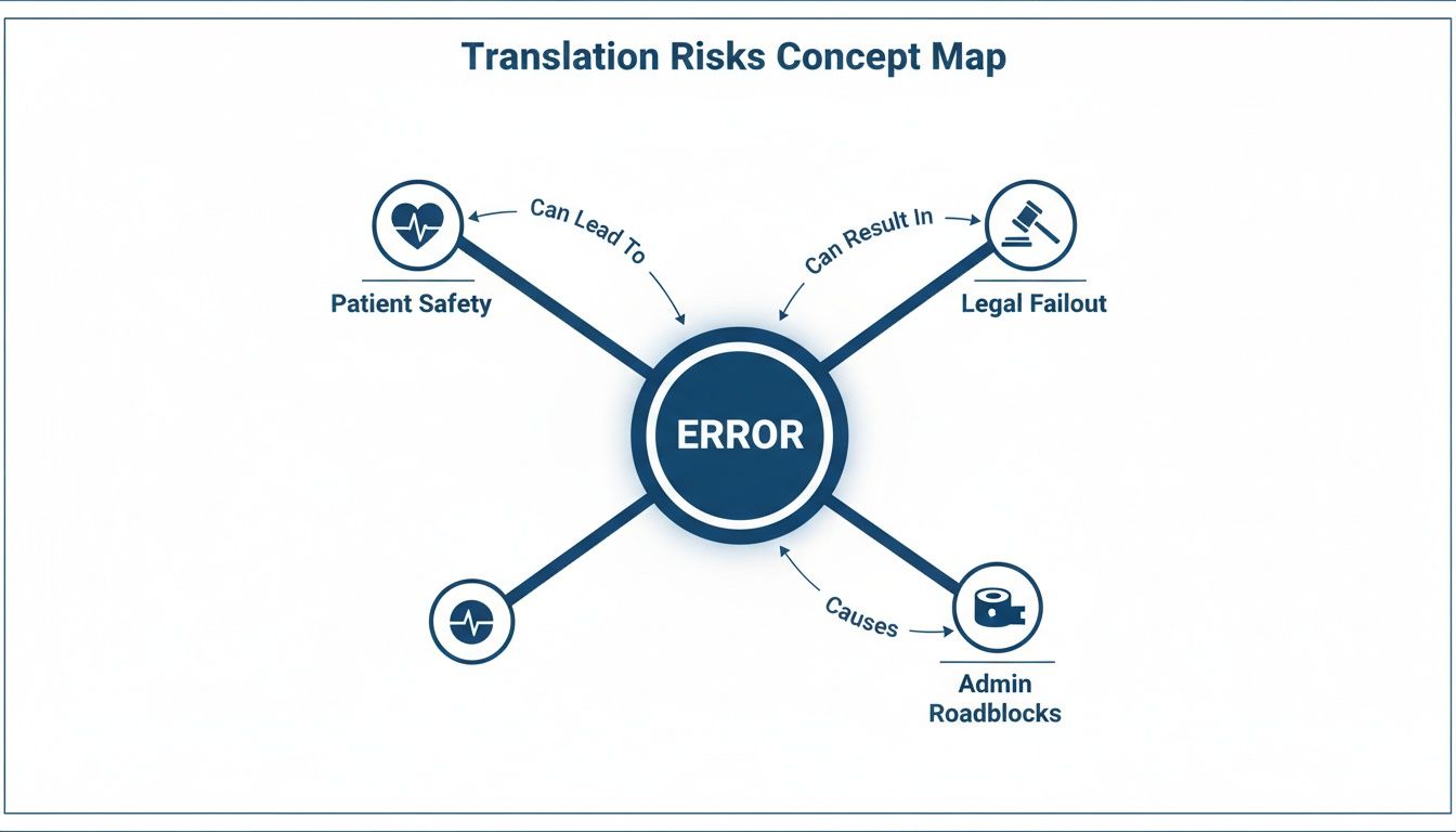 A concept map illustrates how translation errors lead to patient safety issues, legal fallout, and admin roadblocks.