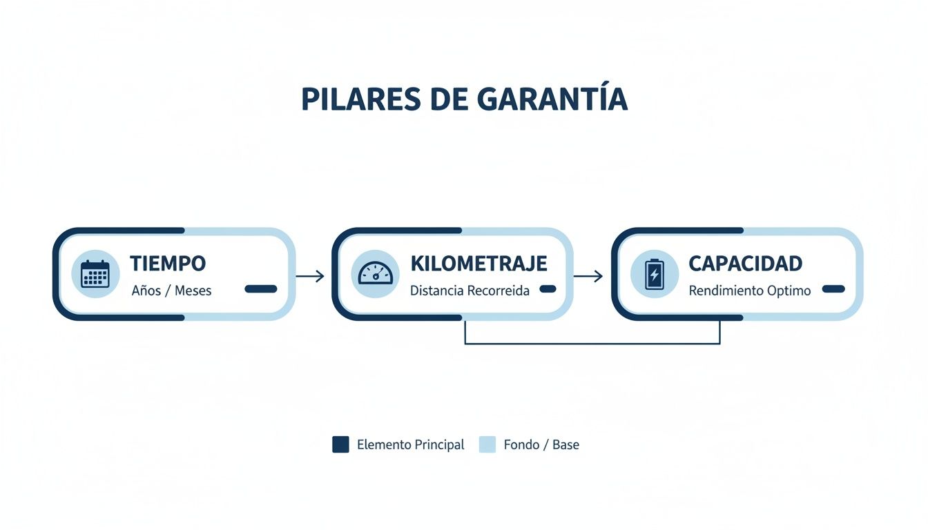 Diagrama que ilustra los pilares de garantía de baterías: tiempo, kilometraje y capacidad de rendimiento.