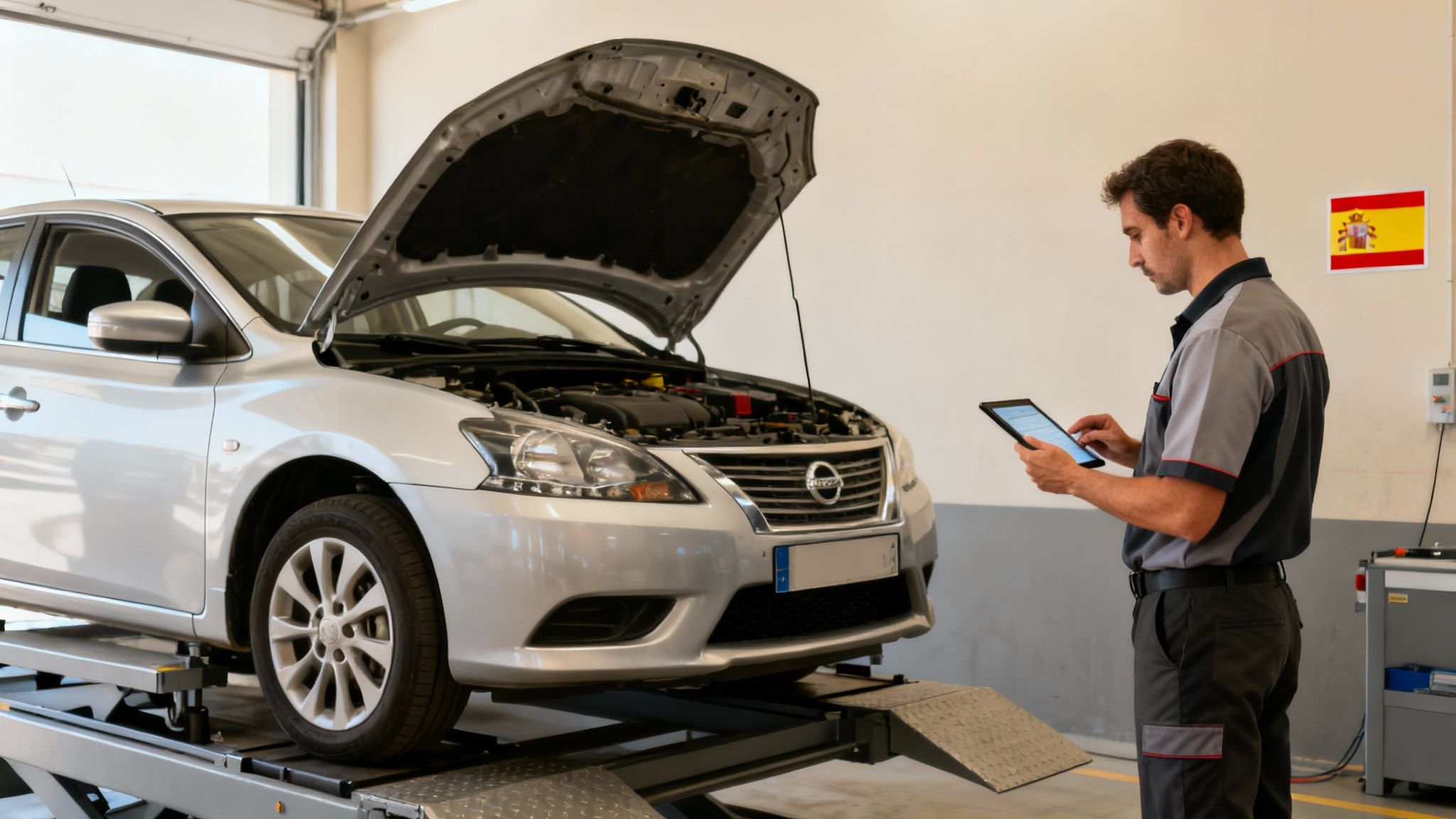 Un mecánico en un taller de coches revisa un tablet junto a un coche plateado con el capó abierto.