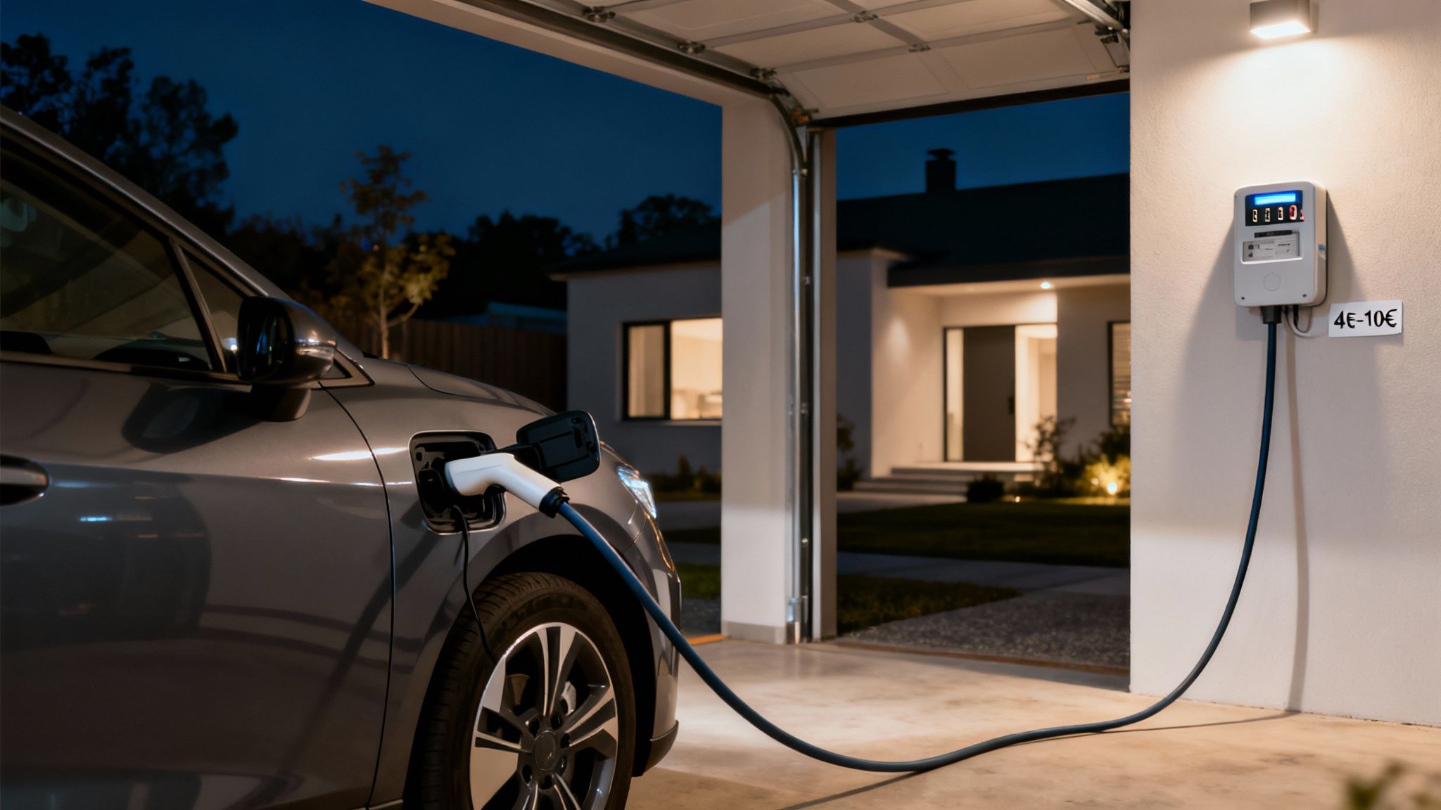 Coche eléctrico cargándose en un garaje moderno por la noche con una estación de carga y un precio.