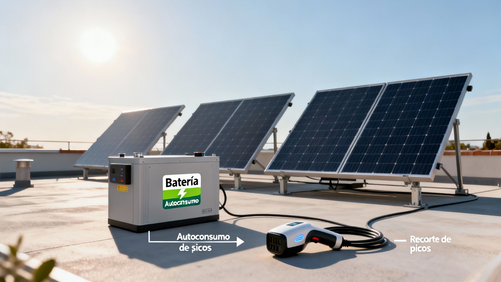 Paneles solares en una azotea con una batería y un cargador de vehículo eléctrico, promoviendo el autoconsumo y recorte de picos.