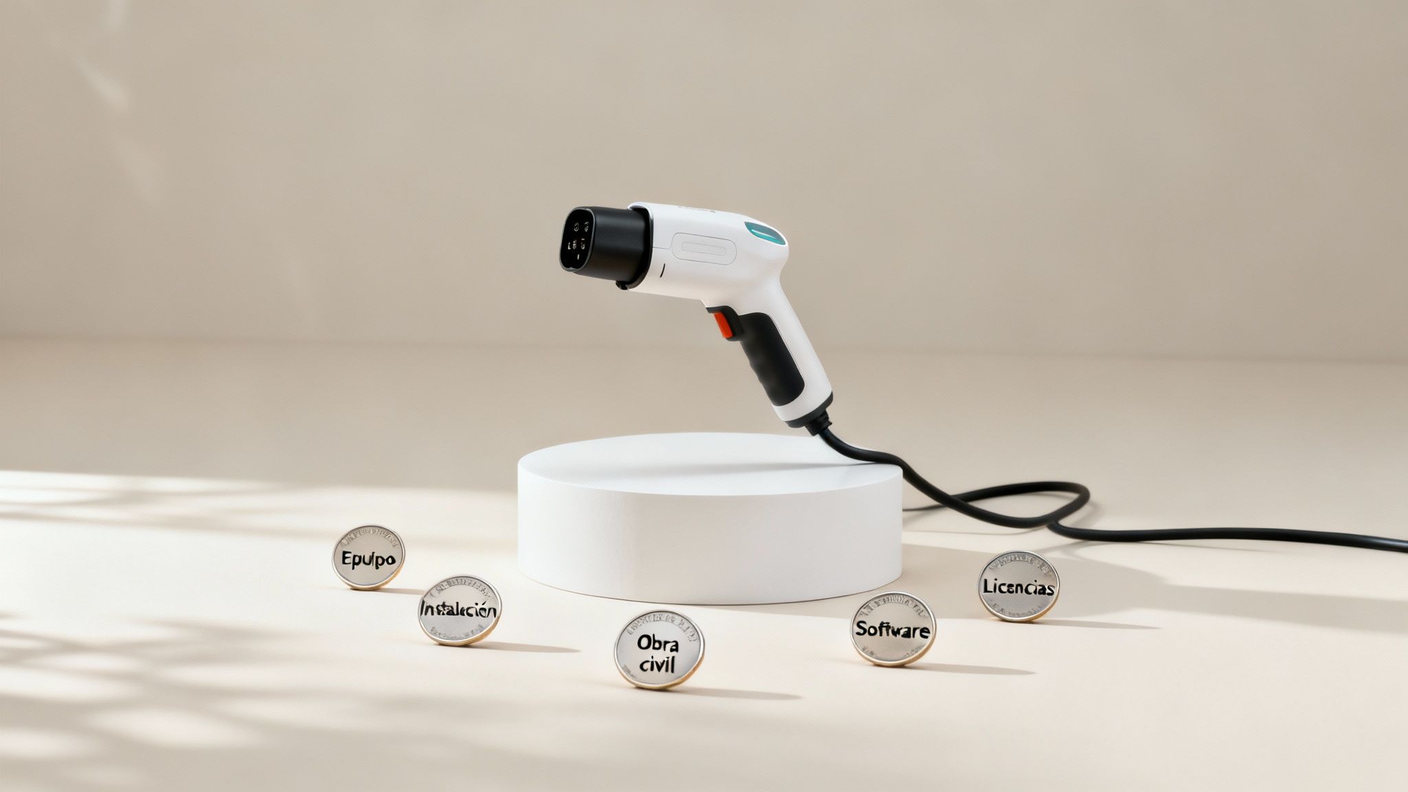 Cargador de coche eléctrico en un pedestal, rodeado de monedas que representan los costos de equipo, instalación, obra civil, software y licencias.