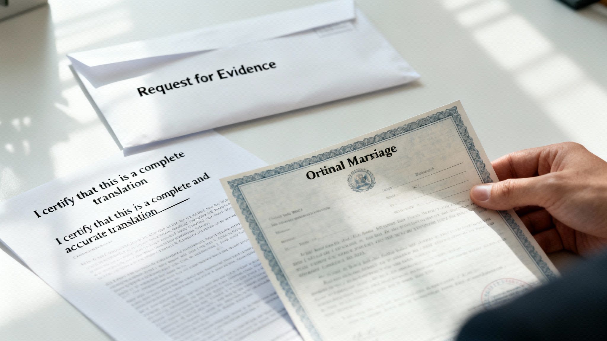 A hand holds an Ortinal Marriage document next to certified translation papers and a Request for Evidence envelope.