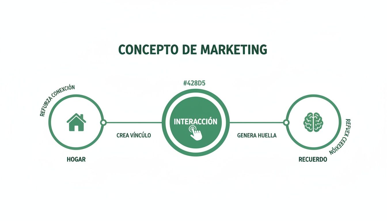 Diagrama de flujo de marketing: el hogar crea vínculo e interacción, generando recuerdo y reforzando conexión.