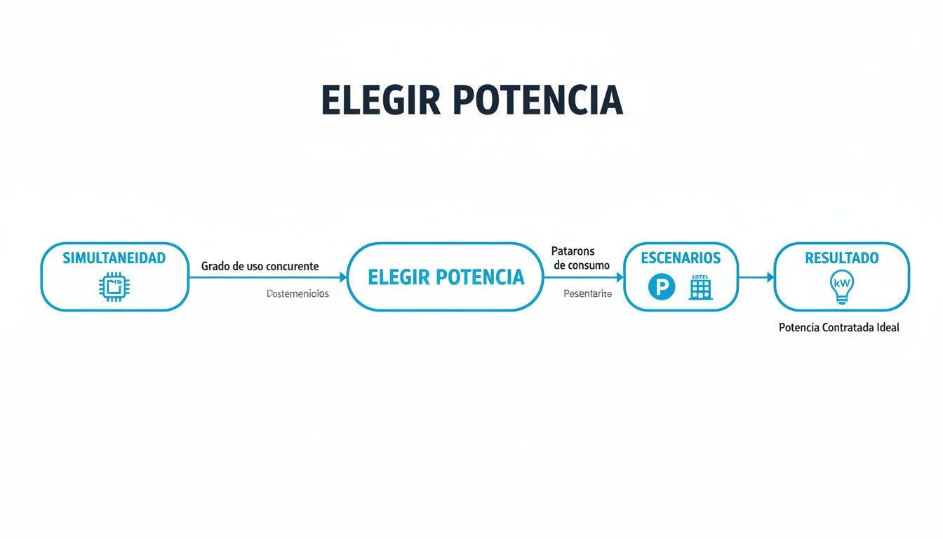 Diagrama de flujo para elegir la potencia eléctrica óptima, considerando simultaneidad, patrones de consumo y escenarios.
