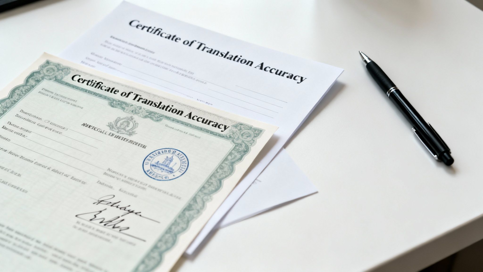 Two certificates of translation accuracy and a black pen on a white desk.