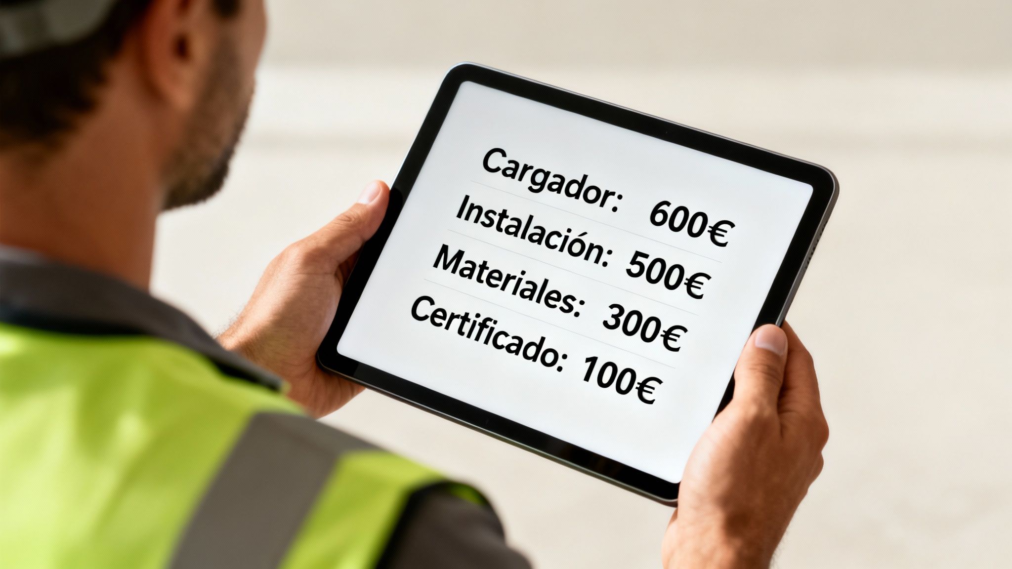 Hombre en chaleco de seguridad muestra en una tablet los costes de cargador, instalación, materiales y certificado.