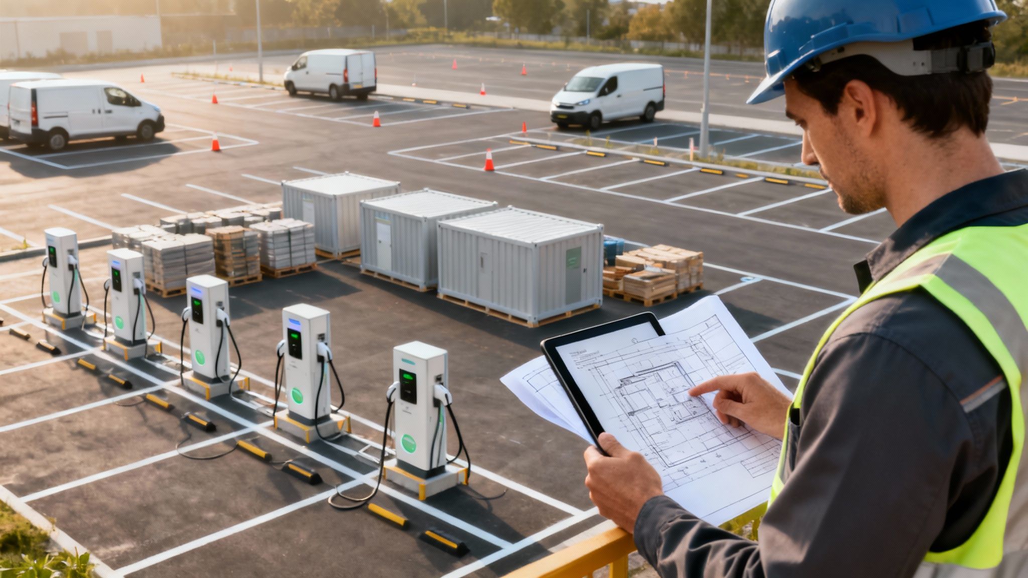 Ingeniero revisa planos de una estación de carga de vehículos eléctricos con múltiples puntos de carga y contenedores.