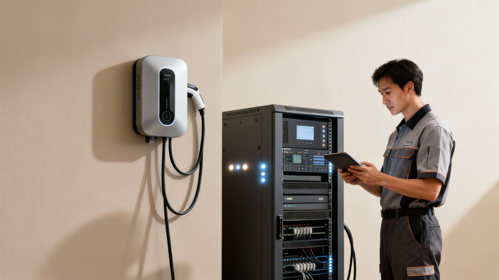 Técnico revisando un punto de carga de coche eléctrico y un rack de servidores con una tablet.