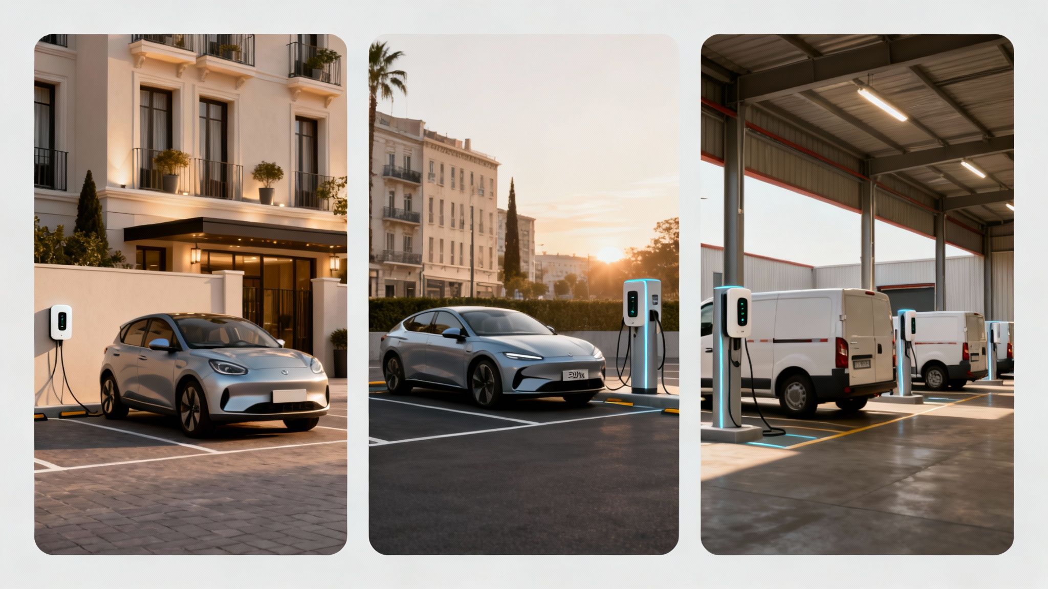 Vehículos eléctricos de varios tipos cargando en diferentes estaciones y entornos: residenciales, urbanos y comerciales.