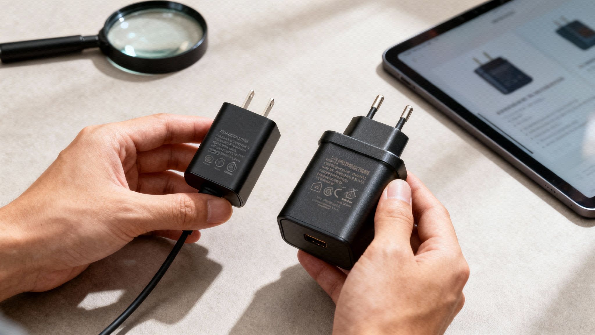 Dos manos sostienen cargadores USB negros, uno con enchufe tipo A y otro tipo C, sobre una superficie clara con una tableta y una lupa.