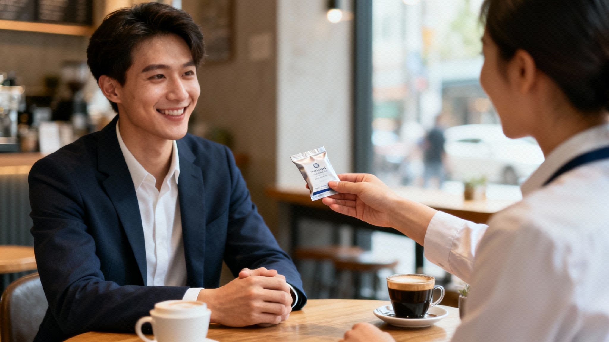 Hombre sonriente en traje recibiendo una muestra de producto de una mujer en una cafetería con café.