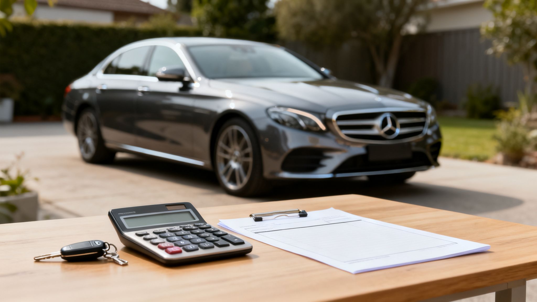 Coche Mercedes gris borroso con calculadora, llaves y documentos en una mesa de madera, simbolizando trámites de coche.
