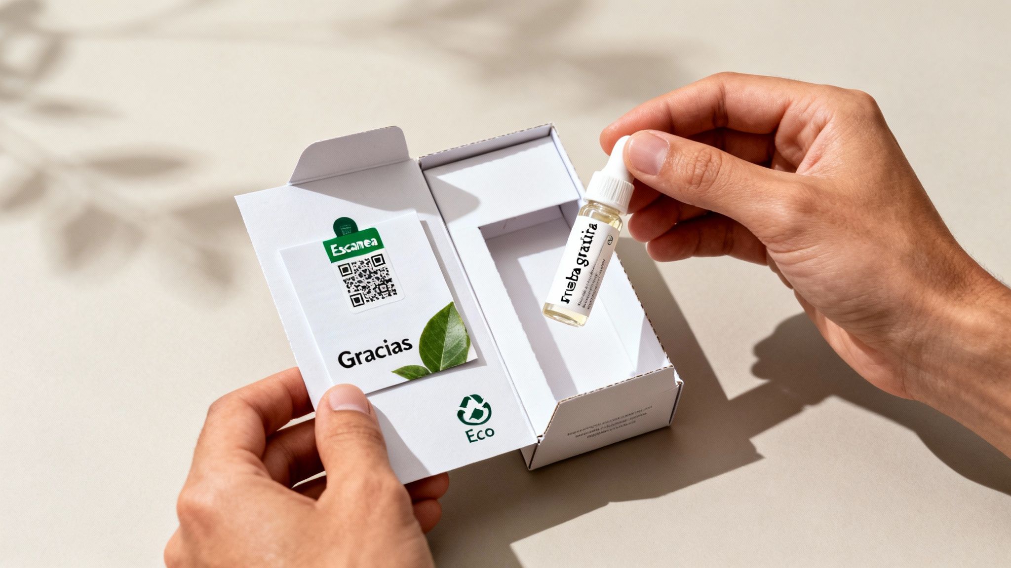 Manos abriendo una caja blanca con una botella de muestra gratuita y una tarjeta con código QR.