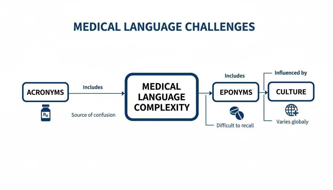 Flowchart illustrating medical language challenges, showing how acronyms and eponyms contribute to complexity and are influenced by culture.