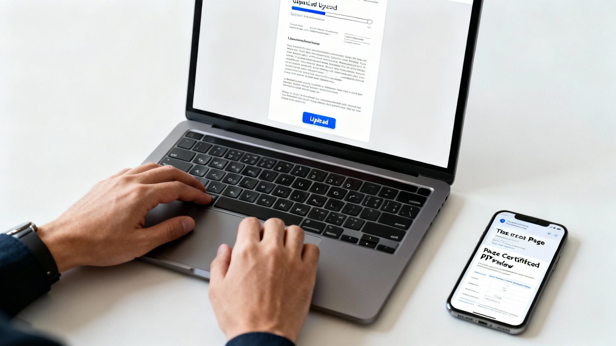 Hands typing on a laptop displaying online upload forms, with a smartphone showing a test page.