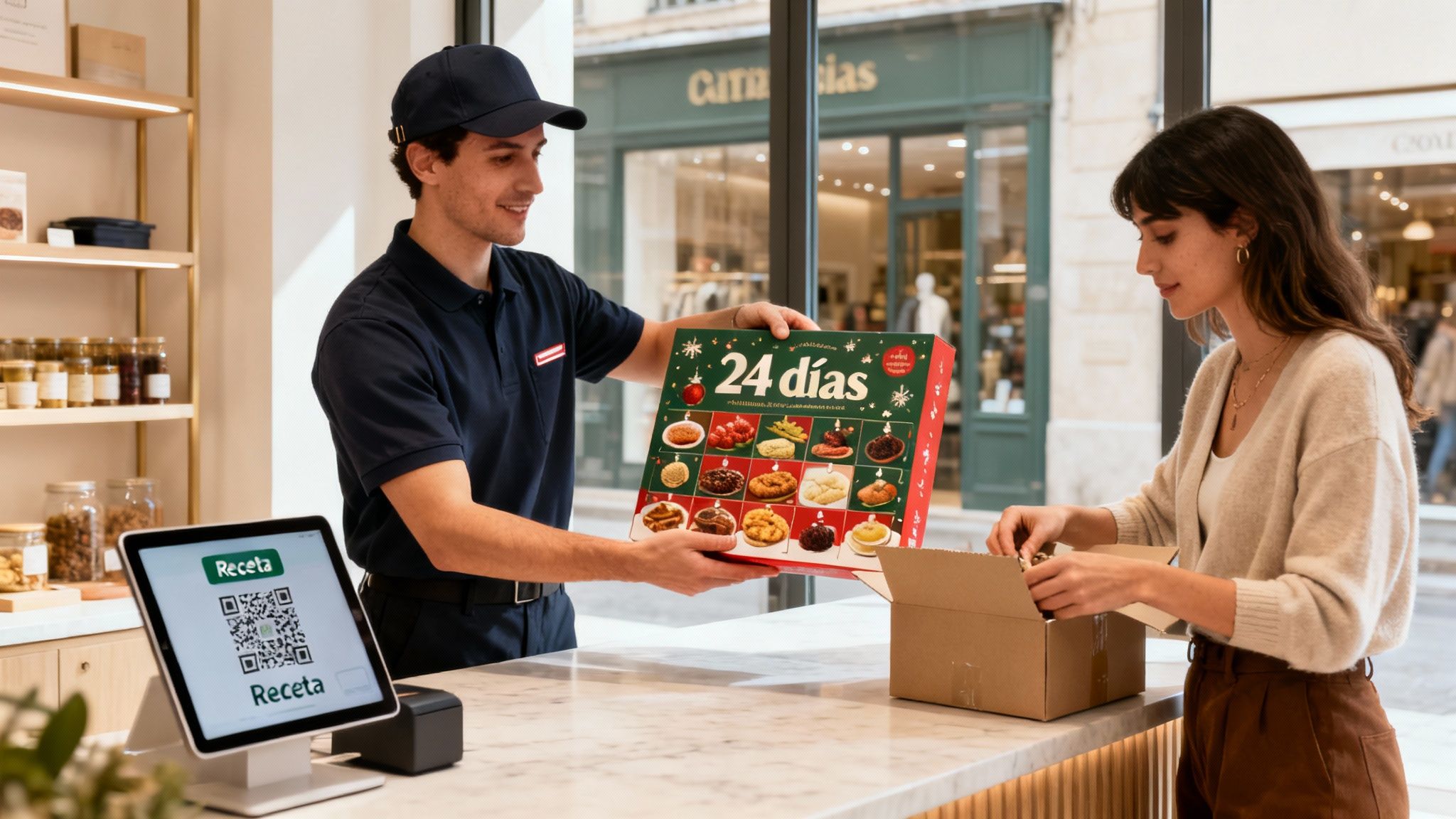 Hombre entrega un calendario de adviento gourmet de 24 días a una mujer en una tienda.