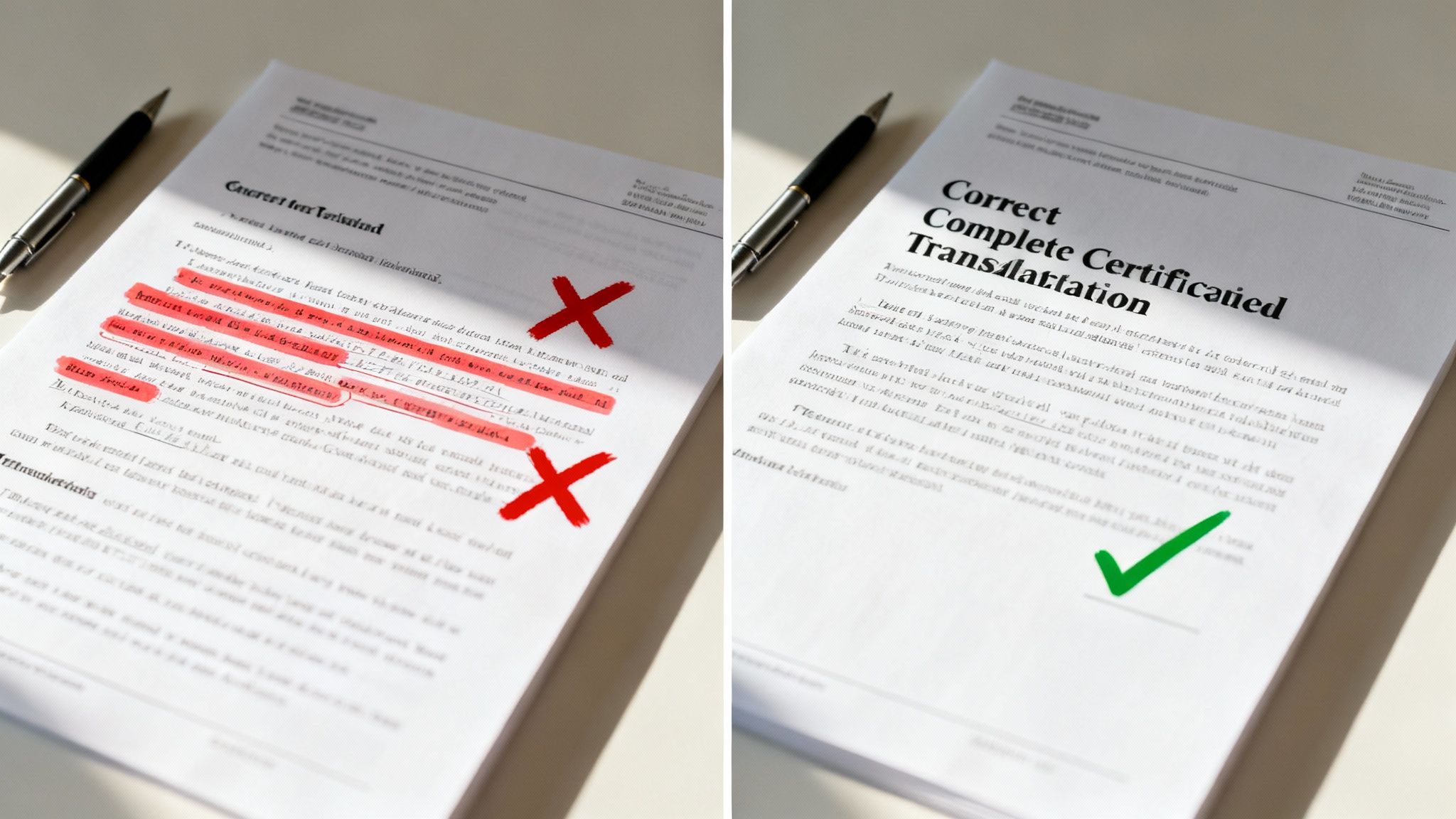 Comparison of two documents: one with an incorrect translation marked with red, and another with a correct, certified translation.