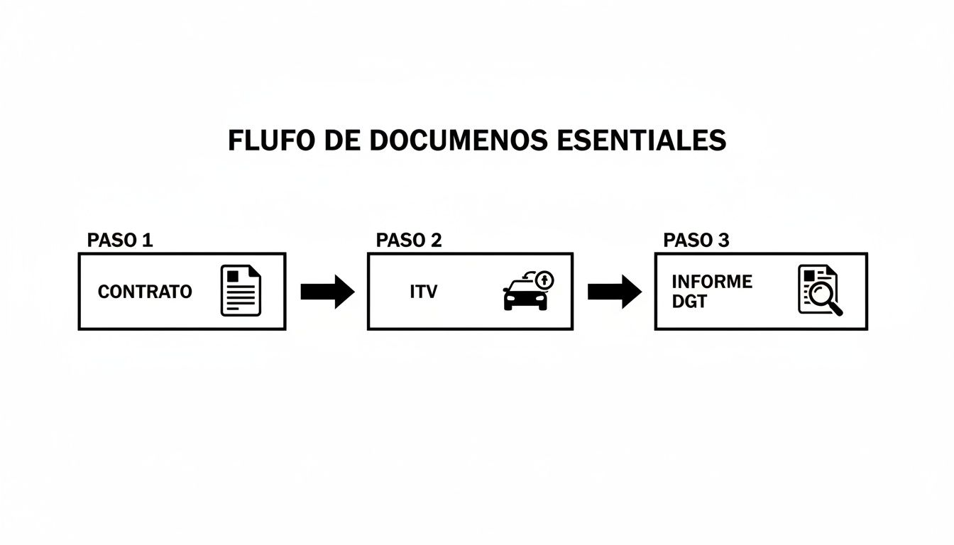 Flujo de documentos esenciales para comprar un coche de segunda mano: contrato, ITV e informe DGT.