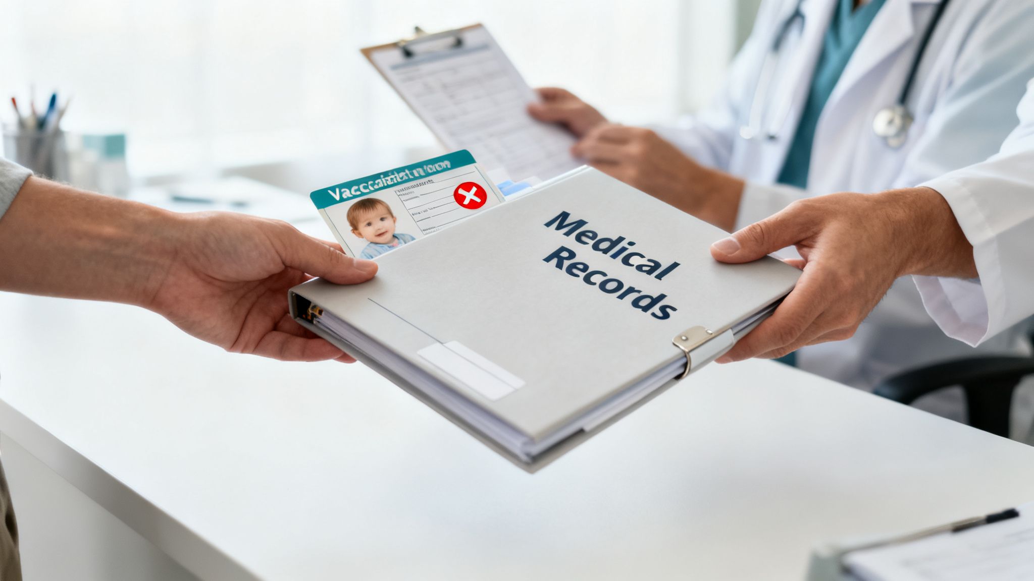 A doctor and patient exchange medical records and a baby's vaccination card on a white desk.