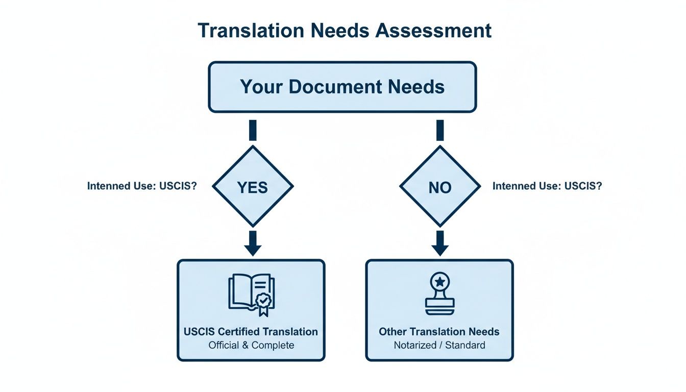 Flowchart assessing translation needs for USCIS or other official purposes, guiding to certified or notarized services.
