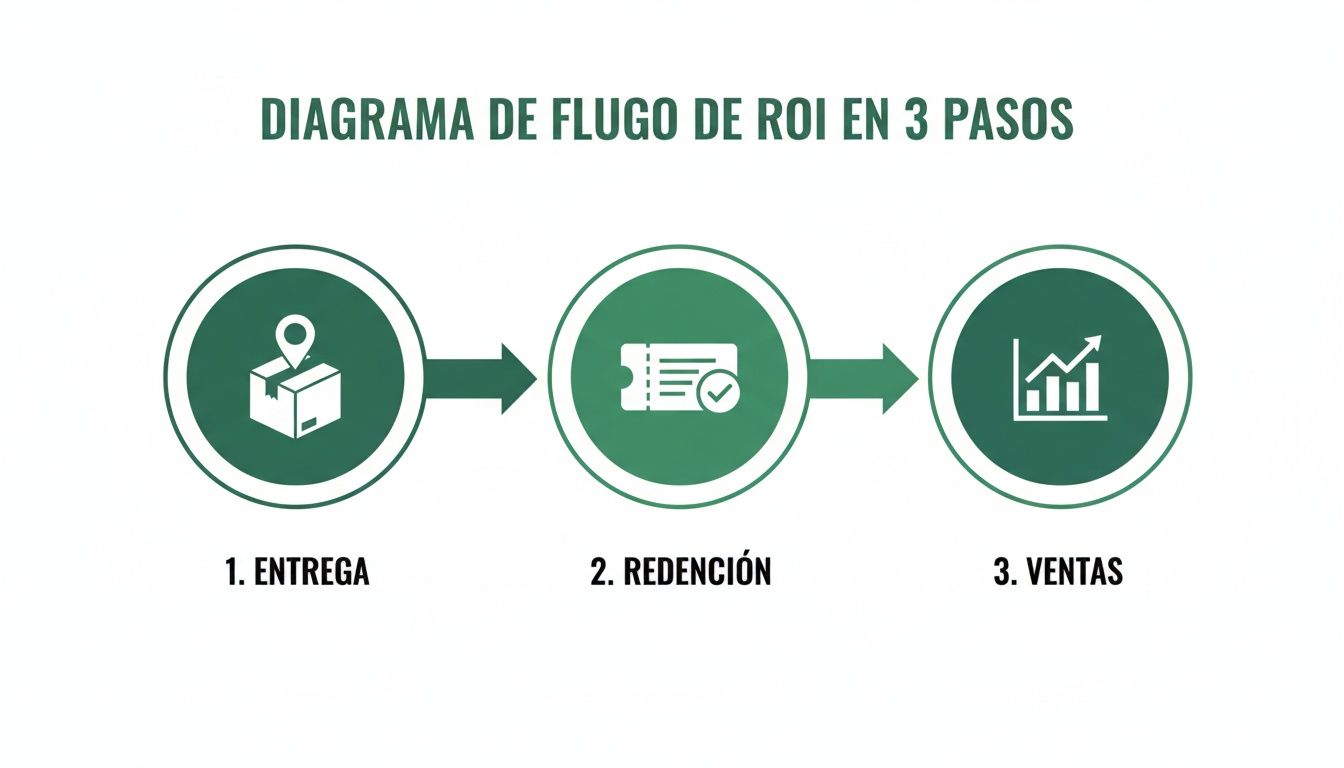 Diagrama de flujo de ROI en 3 pasos: entrega de productos, redención de tickets y aumento de ventas.
