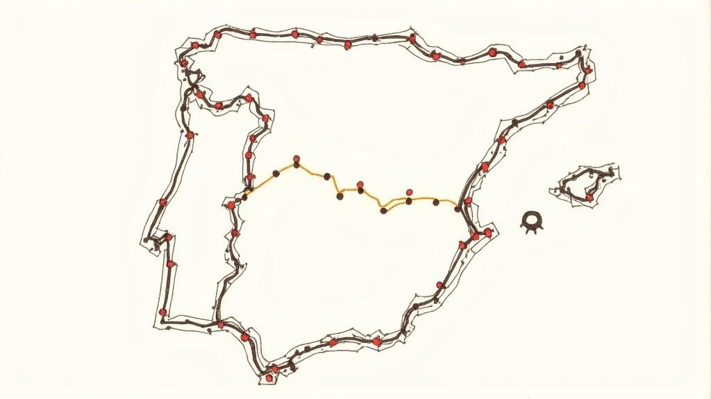 Mapa esquemático de la Península Ibérica con rutas destacadas, una central en amarillo y otra costera.