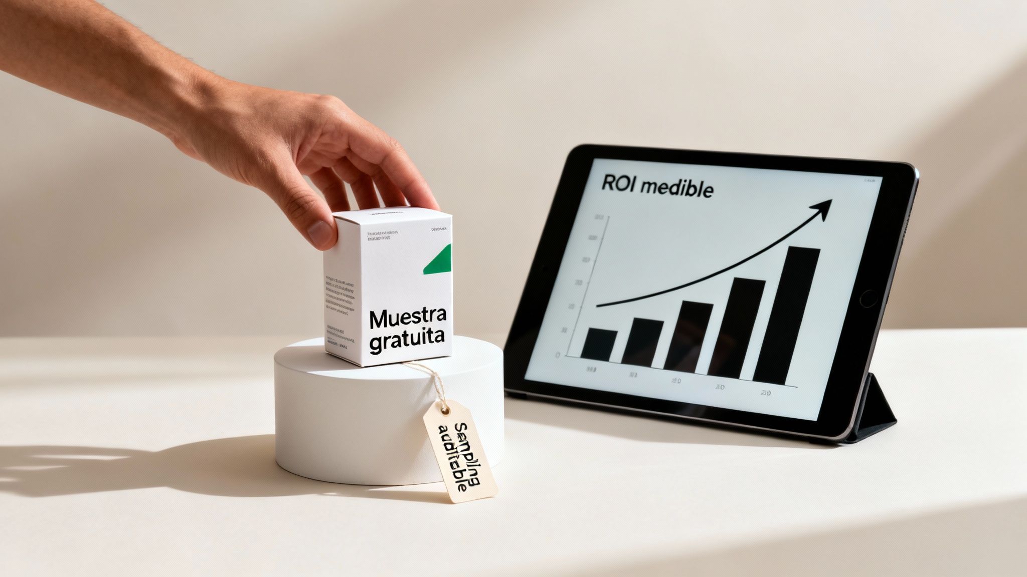Una mano sostiene una caja de muestra gratuita, con una tablet mostrando ROI medible al fondo.